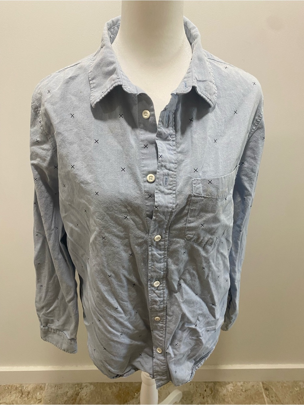 H&M Light Blue Long-Sleeve Button-Down Shirt with Small Black Crosses
